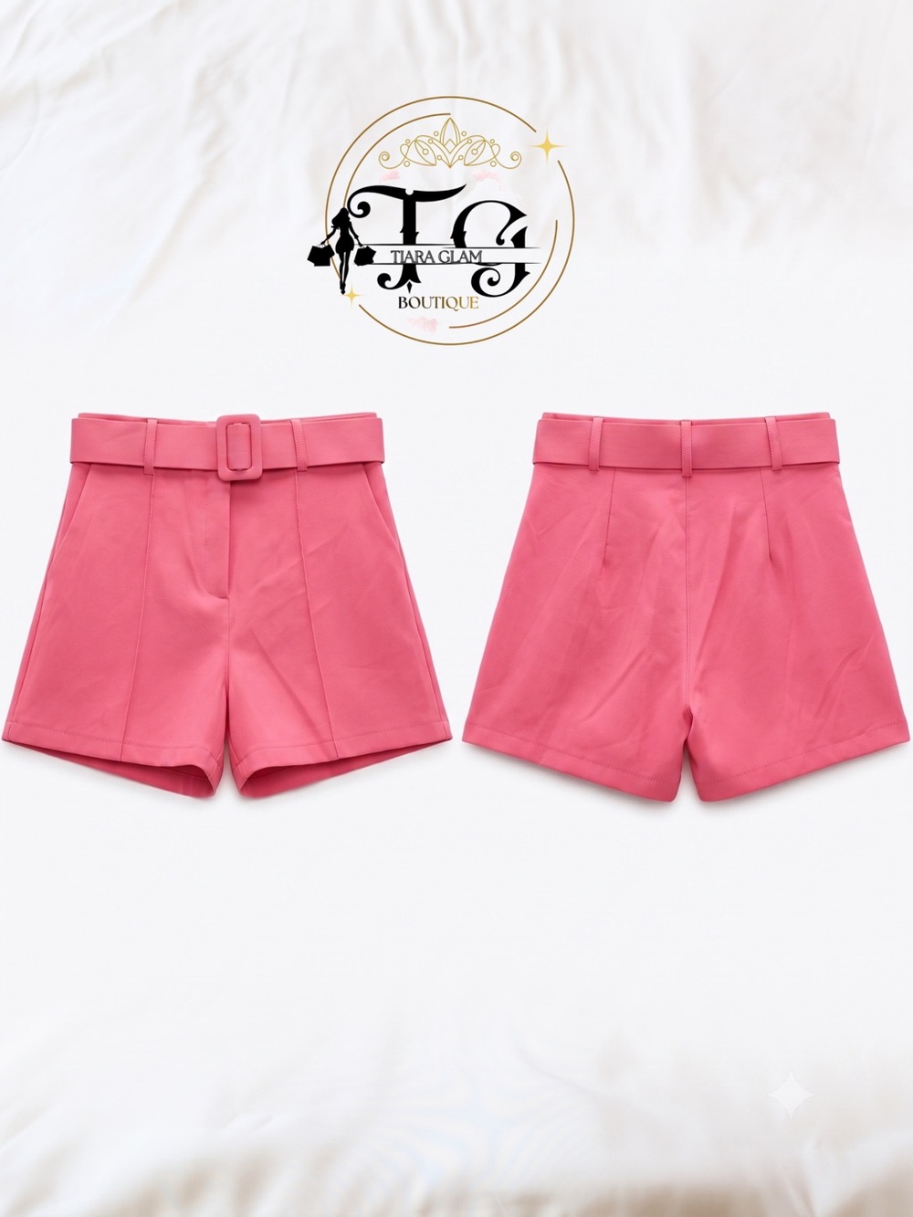Pink High-Waist Belted Shorts